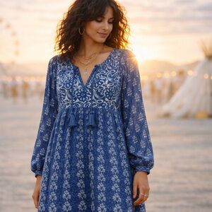 Faherty Solstice mixed print boho mini dress tunic blue cottagecore Medium